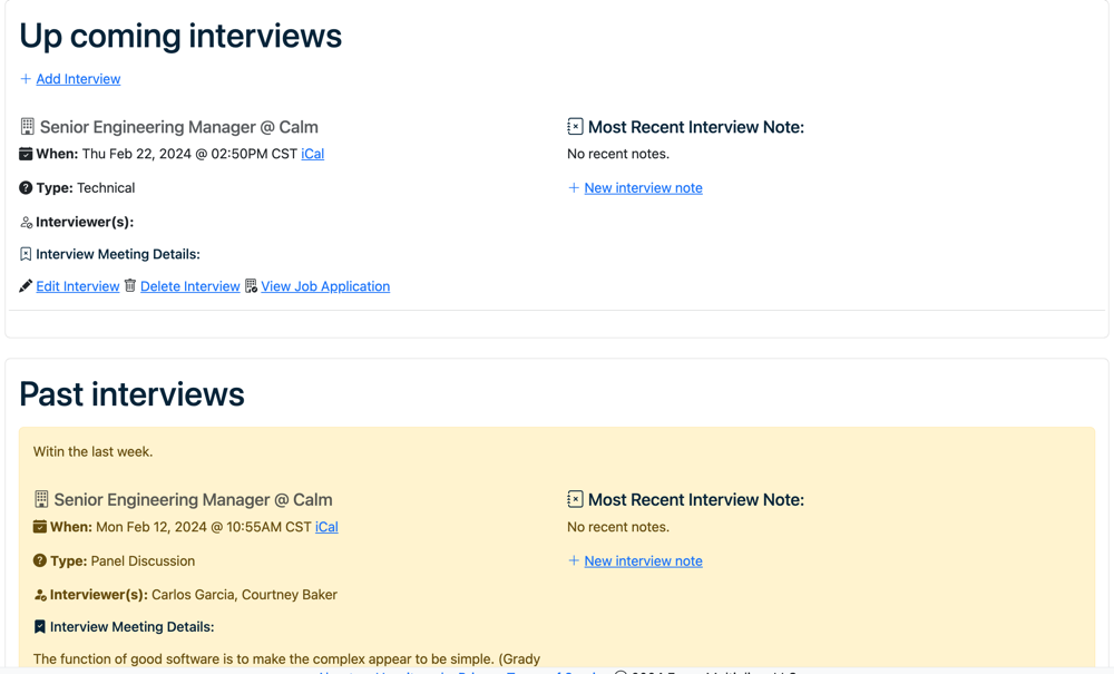 Table listing job application titles and companies