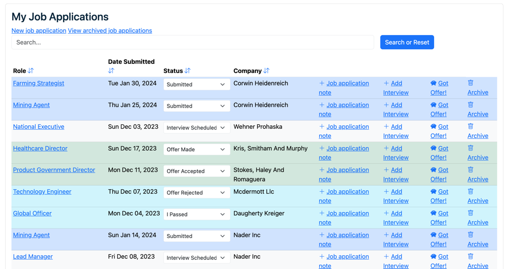 Table listing job application titles and companies