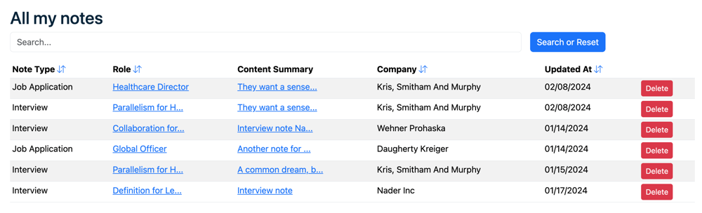 Table listing job application titles and companies