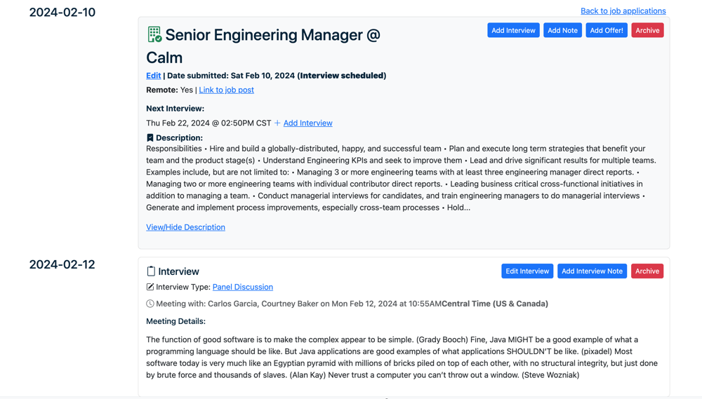 Table listing job application titles and companies